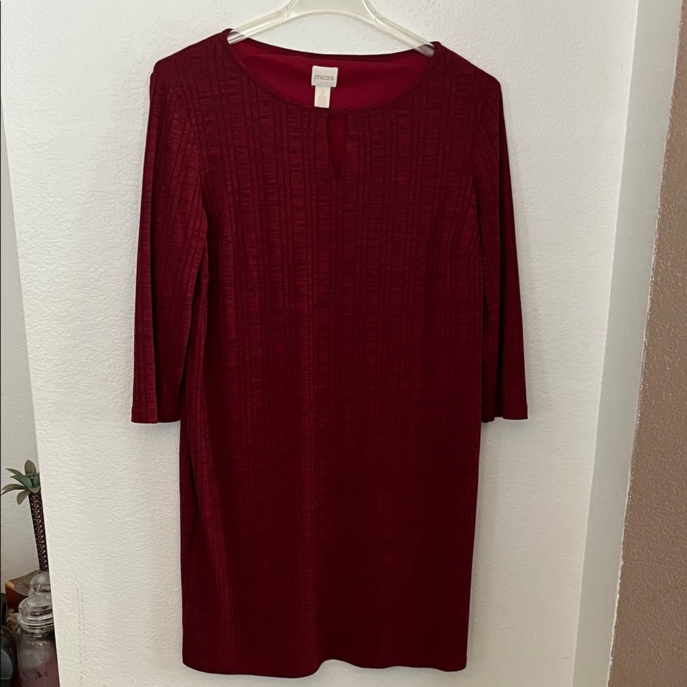 ❤️Chico's SZ 2 (44Wx35L) Rich Red 3/4 Sleeve Dress NWOT EXCELLENT CONDITION!